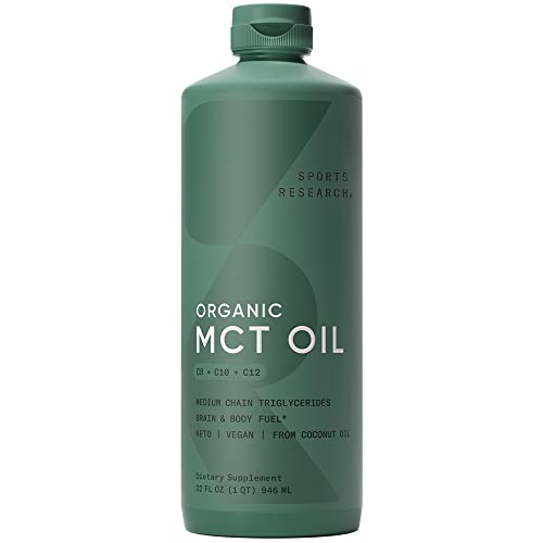 Sports Research Keto MCT Oil from Organic Coconuts – Fatty Acid Fuel for Body + Brain – Triple Ingredient C8, C10, C12 MCTs – Perfect in Coffee, Tea, & More – Non-GMO & Vegan – Unflavored (32 Oz)