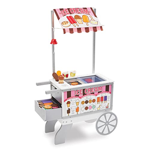 Melissa & Doug Wooden Snacks and Sweets Food Cart – 40+ Play Food pcs, Reversible Awning