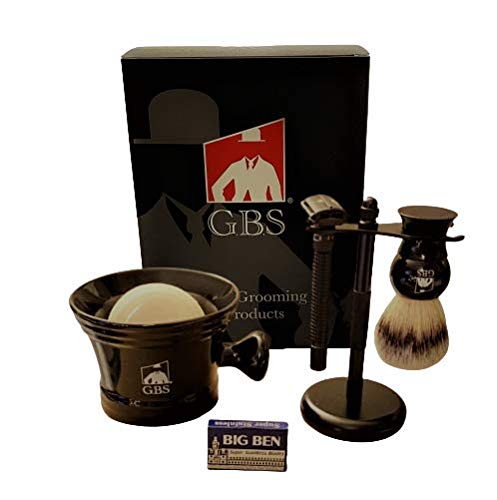 G.B.S Men’s Grooming Set – Double Edge Safety Razor Rubber Coated Butterfly Non-Slip Long Razor, All-Natural Soap, Synthetic Brush Stand, Ceramic Mug, Includes 15 DE Blades