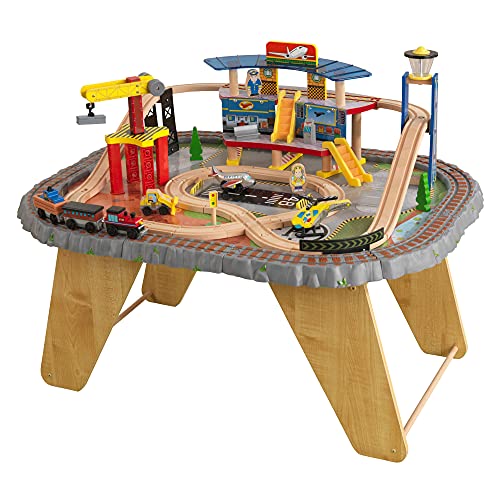 KidKraft Transportation Station Wooden Train Set and Table with Airport, Helicopter, 58 Pieces Included, Gift for Ages 3+