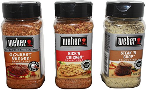 Weber All Natural Seasoning Blend 3 Flavor Variety Bundle: (1) Weber Gourmet Burger Seasoning Blend, (1) Weber Steak N Chop Seasoning Blend, and (1) Weber KickN Chicken Seasoning Blend 7.25-8.5 oz each