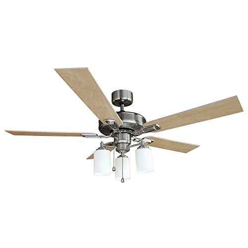 Design House 556621 Aubrey 52-Inch Traditional Indoor Tri-Mount Ceiling Fan with Light Kit, Reversible Blades, Incandescent, Satin Nickel