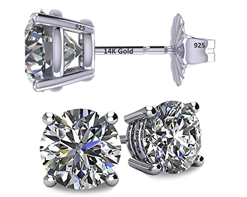 14K Solid Gold Post & Sterling Silver 4 Prong CZ Stud Earrings – Platinum Plated – 8.00mm – 4.00cttw
