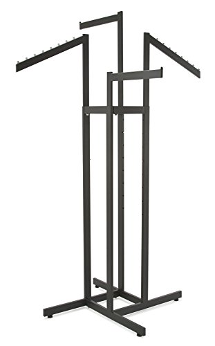 Clothing Rack – Heavy Duty Black 4 Way Rack, Adjustable Arms, Square Tubing, Perfect for Clothing Store Display with 2 Straight Arms and 2 Slanted Arms