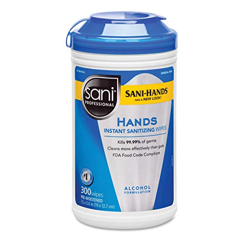 Sani Professional P92084ct Hands Instant Sanitizing Wipes W/Polypropylene 7.5X5, 300/Canister, 6/Ct