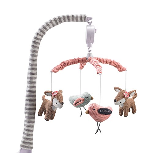 Lolli Living Baby Crib Musical Mobile w/Sparrow & Deers – Knitted Woodland Bird Safari Animal Characters | Hanging Decor w/Electronic Music Box for Newborn & Nursery Bedding/Crib | Baby Girl