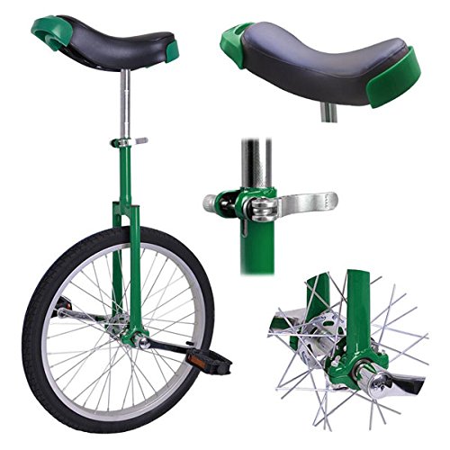 20 Inches Wheel Skid Proof Tread Pattern Unicycle Green Color with Adjustable Seat Height Mountain Tire for Street Road Bike Cycling Sports Unisex Adults Uni-Cycle