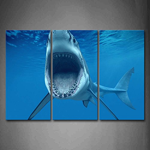 Big Shark Near Sea Surface Open Mouth in Blue Sea Wall Art Painting The Picture Print On Canvas Animal Pictures for Home Decor Decoration Gift