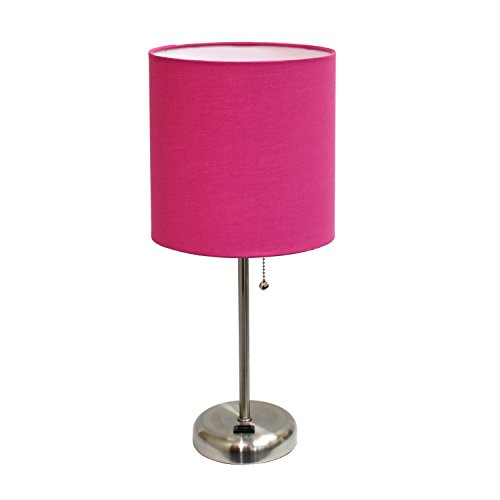 Limelights LT2024-PNK Brushed Steel Stick Table Desk Lamp with Charging Outlet and Drum Fabric Shade, Pink