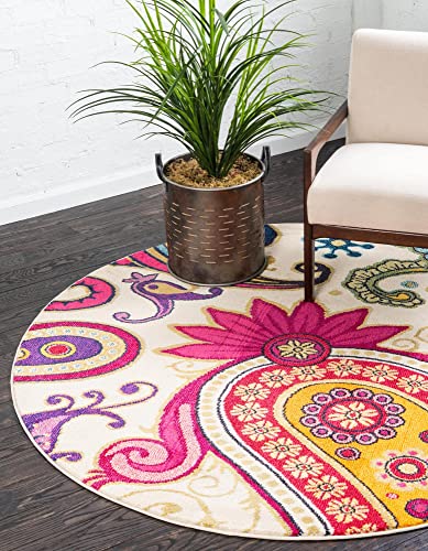 Unique Loom Estrella Collection Colorful, Paisley, Floral, Abstract, Modern Area Rug, Round 8′ 0″ x 8′ 0″, Beige/Pink