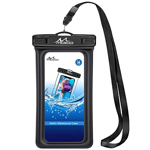 MoKo Floating Waterproof Phone Pouch Holder, Floatable Phone Case Dry Bag with Lanyard Armband Compatible with iPhone 14 13 12 11 Pro Max X/Xr/Xs Max,8/7/SE 3,Samsung S21/S10/S9/S8, Black