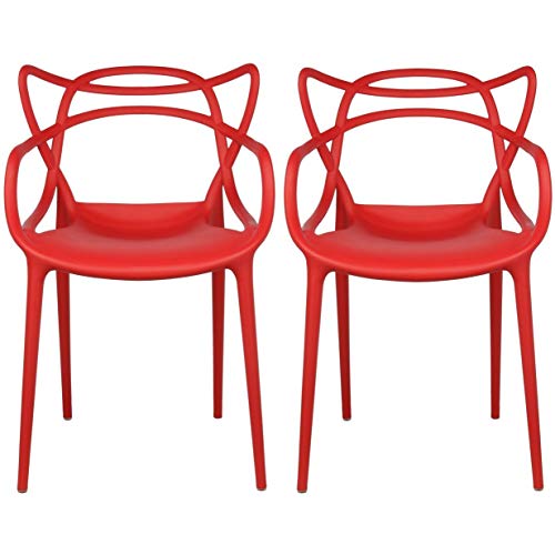 2xhome Set of 2 Red Stackable Contemporary Modern Designer Wire Plastic Chairs with Arms Open Back Armchairs for Kitchen Dining Chair Outdoor Patio Bedroom Accent Balcony Office Work Garden Home