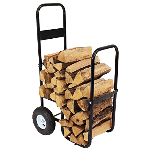 Sunnydaze Firewood Log Cart Carrier – Outdoor or Indoor Black Steel Wood Rack Storage Mover – Rolling Wheeled Metal Dolly Hauler – Wood Moving Equipment