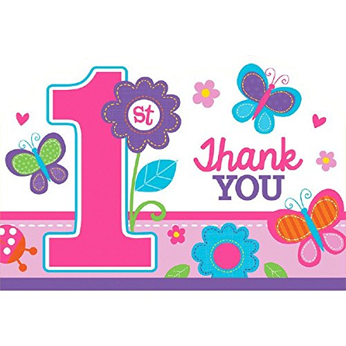 amscan 1st Birthday Girl Thank You Postcard | Flowers and Butterflies Collection | 48 Pcs.