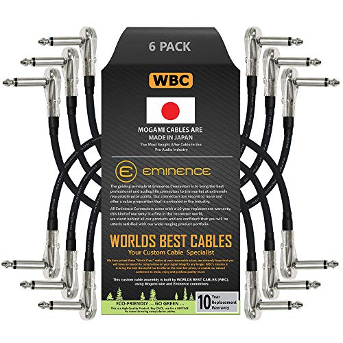 6 Units – 6 Inch – Pedal, Effects, Patch, Instrument Cable Custom Made by WORLDS BEST CABLES – Made Using Mogami 2319 Wire and Eminence Nickel Plated ¼ inch (6.35mm) R/A Pancake Type Connectors