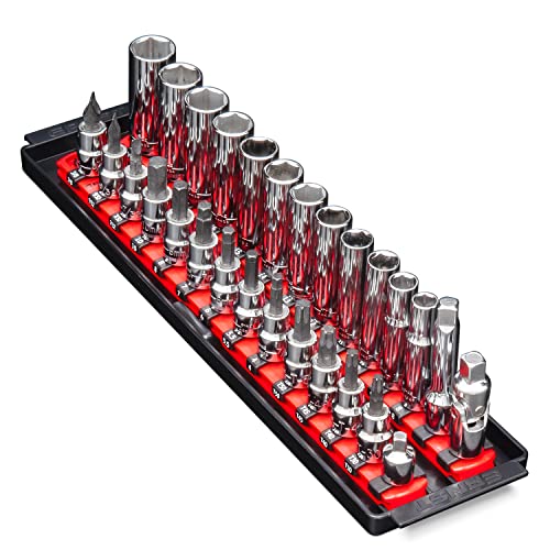 ERNST Twist-Lock Socket Boss, Premium 2-Rail 3/8-Inch-Drive Socket Organizer, 13-Inch, Red (8493)