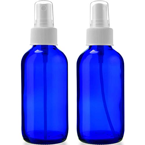 2 Empty Blue Glass Spray Bottles – 4oz Refillable Bottle is Great for Essential Oils, Organic Beauty Solutions, Homemade Cleaning and Aromatherapy – Small Portable Misters with Caps and Labels – 2 Pack