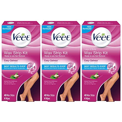 Veet Leg and Body Wax Strip Kit, 40 Wax Strips and 4 Wipes (Pack of 3)