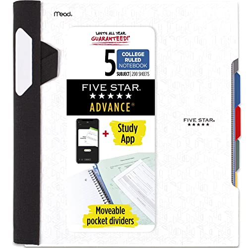 Five Star Spiral Notebook + Study App, 5-Subject, College Ruled Paper, Advance Notebook with Spiral Guard, Movable Tabbed Dividers and Expanding Pockets, 8-1/2″ x 11″, 200 Sheets, White (73154)