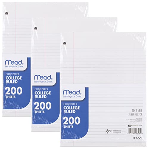 Mead Loose Leaf Paper, 3 Pack, 3 Hole Punch, Reinforced Filler Paper, College Ruled Paper, 8″ x 10-1/2″, 200 Sheets per Pack (73185)