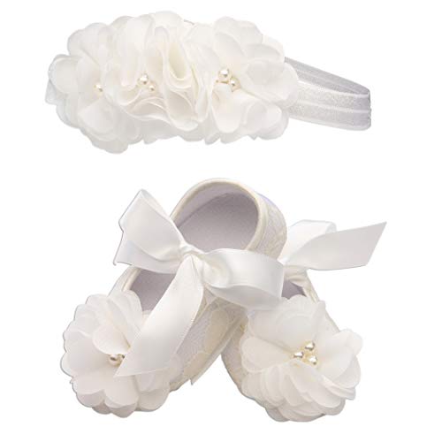 “Petals” Light Ivory Lace Baptism Christening Shoe with Flower and Headband Set for Baby Girl (Size 1)