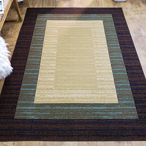 Rubber Backed Area Rug, 58 x 78 inch, Brown Beige Border Striped, Non Slip, Kitchen Rugs and Mats
