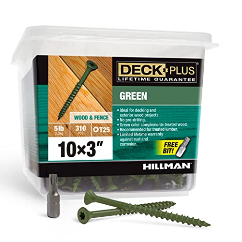 Deck Plus Deck Screws, #10 x 3″ Self Drilling Screws, Green, 5 lb Box, Rust Resistant, T25 Star Bit