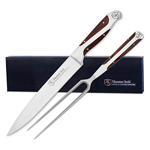 Hammer Stahl Carving Knife and Fork Set – German High Carbon Stainless Steel – Ergonomic Quad-Tang Pakkawood Handles – Professional Meat Carving Knife Set