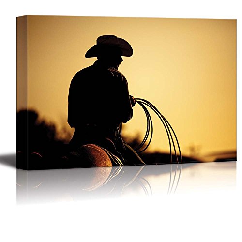 Cowboy with Lasso Silhouette at Small Town at Sunset American Western Landscape – Canvas Art Wall Art – 16″ x 24″