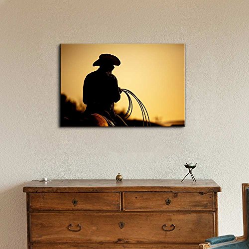 Cowboy with Lasso Silhouette at Small Town at Sunset American Western Landscape – Canvas Art Wall Art – 16″ x 24″ | The Storepaperoomates Retail Market - Fast Affordable Shopping