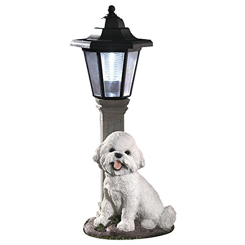 Bits and Pieces-Solar Bichon Lantern-Solar Powered Garden Lantern – Resin Dog Sculpture with LED Light
