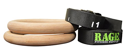 RAGE Fitness Performance Gymnastics Rings, Hardwood Rings, Adjustable 18’ x 1 ½” Nylon Straps, Quick Release Buckles, Great for Crossfit, Strength Training.