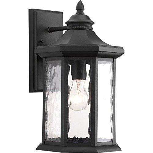 Progress Lighting Edition Collection 1-Light Clear Water Glass Traditional Outdoor Large Wall Lantern Light Textured Black, 9″