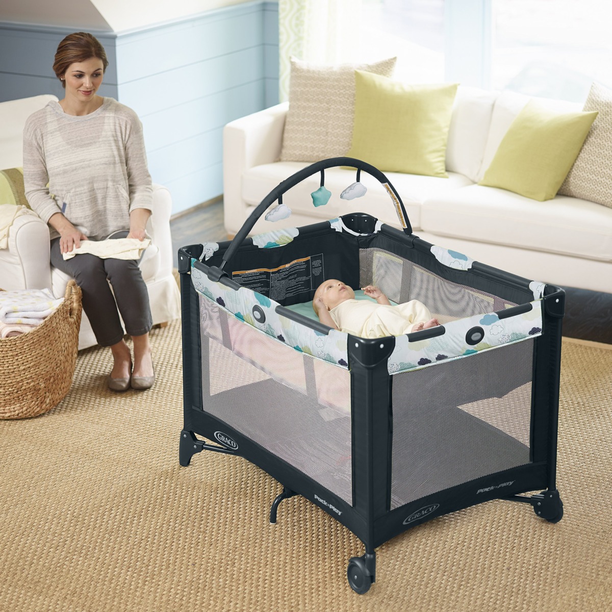 Graco Pack and Play On the Go Playard | Includes Full-Size Infant Bassinet, Push Button Compact Fold, Stratus , 39.5×28.25×29 Inch (Pack of 1) | The Storepaperoomates Retail Market - Fast Affordable Shopping