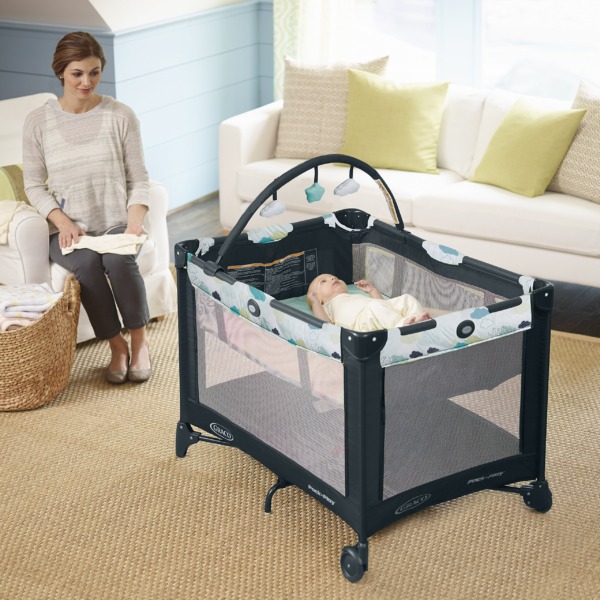 Graco Pack and Play On the Go Playard | Includes Full-Size Infant Bassinet, Push Button Compact Fold, Stratus , 39.5×28.25×29 Inch (Pack of 1)