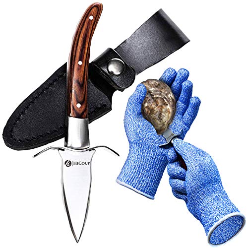 HiCoup Oyster Shucking Knife and Glove Kit – Clam and Oyster Knife Shucker Set with Stainless Steel Seafood Opener Tool, Wood Handle and Gloves﻿
