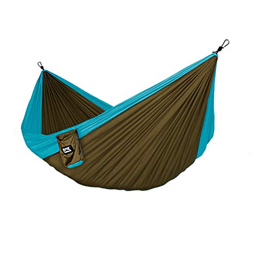 Fox Outfitters Neolite Double Camping Hammock – Lightweight Portable Nylon Parachute Hammock for Backpacking, Travel, Beach, Yard. Hammock Straps & Steel Carabiners Included (Sky Blue/Bronze)