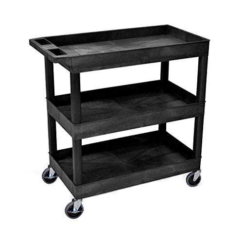 Luxor Mobile 32″ x 18″ Multipurpose Utility Supply Tub Cart with Ergonomic Handle and 3 Shelves, Black – 2 Pack