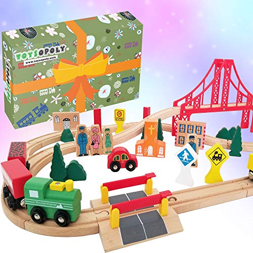 Wooden Train Tracks Full Set, Deluxe 55 Pcs with 3 Destination Fits Thomas, Brio, IKEA, Chuggington, Imaginarium, Melissa and Doug – Best Gifts for Kids Toddler Boys and Girls