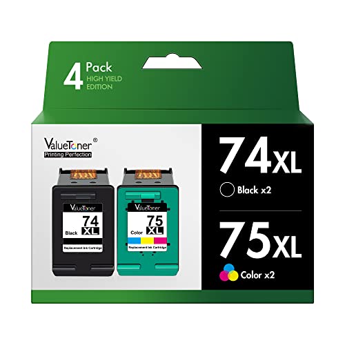 Valuetoner Remanufactured Ink Cartridge Replacement for HP 74XL & 75XL High Yield CB336WN CB338WN for Deskjet D4260 D4280 D4360 Printer (2 Black, 2 Tri-Color) 4 Pack