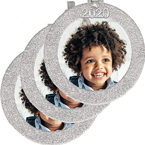 2020 Picture Frame Ornament, Magnetic Glitter with Photo Protector, Round, Silver