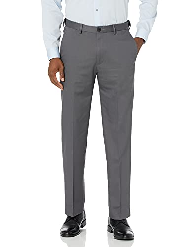 Haggar Men’s Classic Fit Flat-Front Hidden Expandable Waistband Premium No Iron Khaki, 34W x 30L – Dark Grey