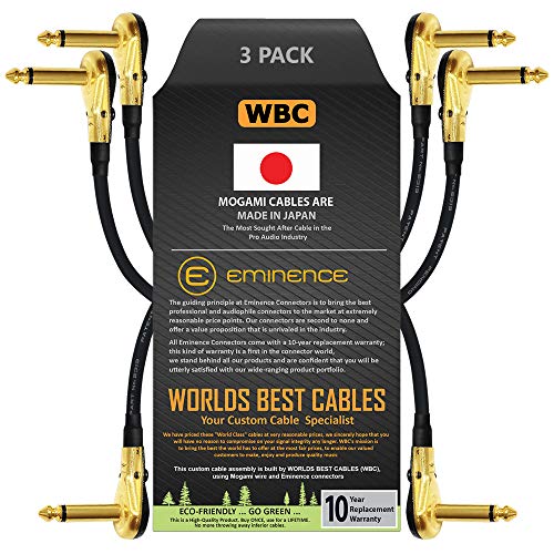 3 Units – 12 Inch – Pedal, Effects, Patch, Instrument Cable Custom Made by WORLDS BEST CABLES – Made Using Mogami 2319 Wire and Eminence Gold Plated ¼ inch (6.35mm) R/A Pancake Type Connectors