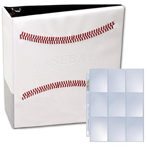 White Stitched Baseball Card Collectors Album with 25 Premium Ultra Pro 9 Pocket Pages Included (3″ D-Ring Binder w/25 Pages)