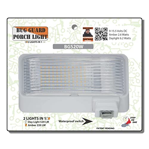 BUG-GUARD, BG520W, American Designed, RV 12 Volt, Functional Exterior Long-Life LED Flood Porch Light with Switchable Color Modes, Bright 220 Lumen (Amber) Mode or 520 Lunen White Light Mode