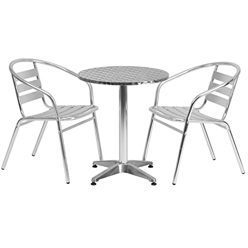 Flash Furniture 23.5” Round Aluminum Indoor-Outdoor Table Set with 2 Slat Back Chairs