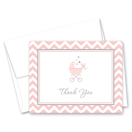 50 Cnt Pink Carriage Baby Shower Thank You Cards and Envelopes