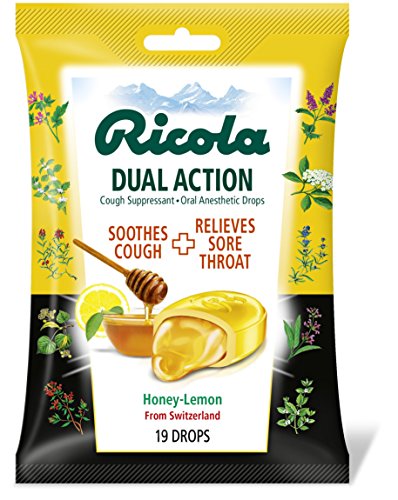 Ricola Dual Action Cough Suppressant & Oral Anesthetic Throat Drops, Honey Lemon, 19 Drops, Fights Coughs Naturally, Soothes Throats