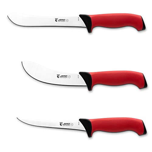 Jero Pro Series TR 3 Piece Butcher Set – Narrow Butcher, Skinning Knife, and Boning Knife – Soft Grip Handles With German High-Carbon Stainless Steel Blades – Made In Portugal