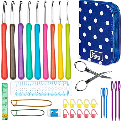 BeCraftee Crochet Hooks Kit – 31 Piece Set with 9 Ergonomic Hook Sizes, 6 Yarn Needles, Additional Knitting & Crochet Supplies and Carrying Case﻿